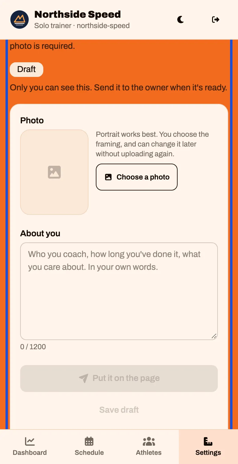 The About you card with an empty photo and an empty text box