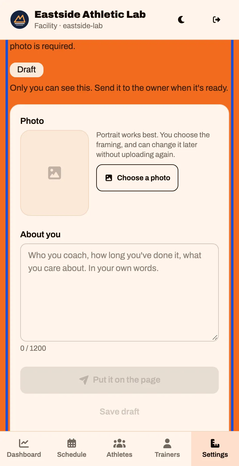 The About you card with an empty photo and an empty text box