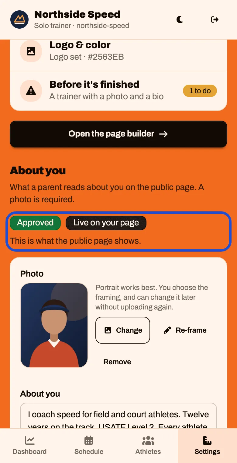 The About you card marked Approved and Live on your page