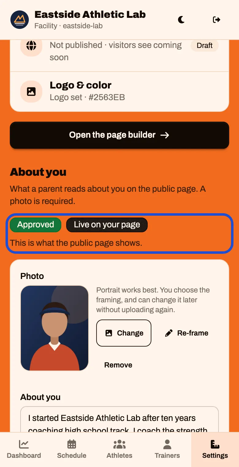 The About you card marked Approved and Live on your page