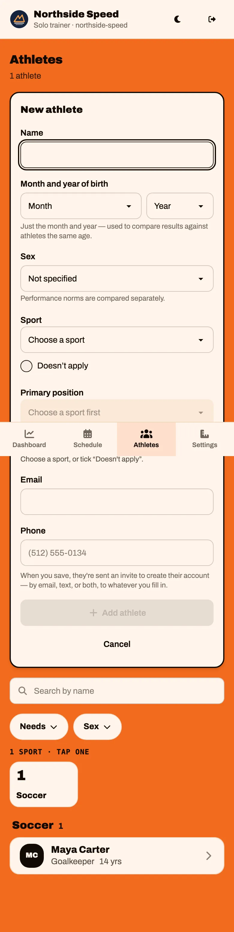 The New athlete form: name, month and year of birth, sex, sport, email and phone