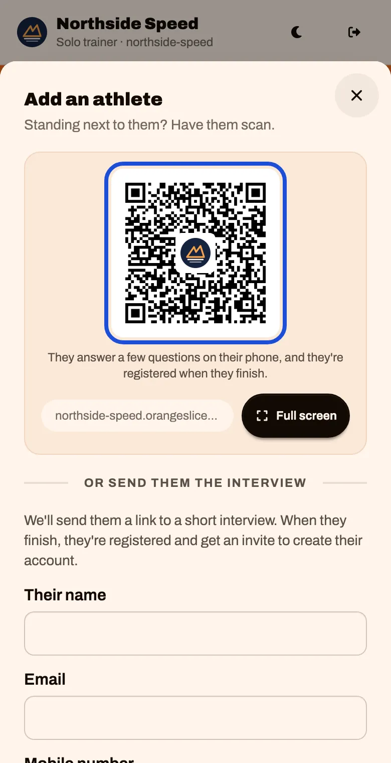 The Add an athlete sheet with a QR code and a Full screen button
