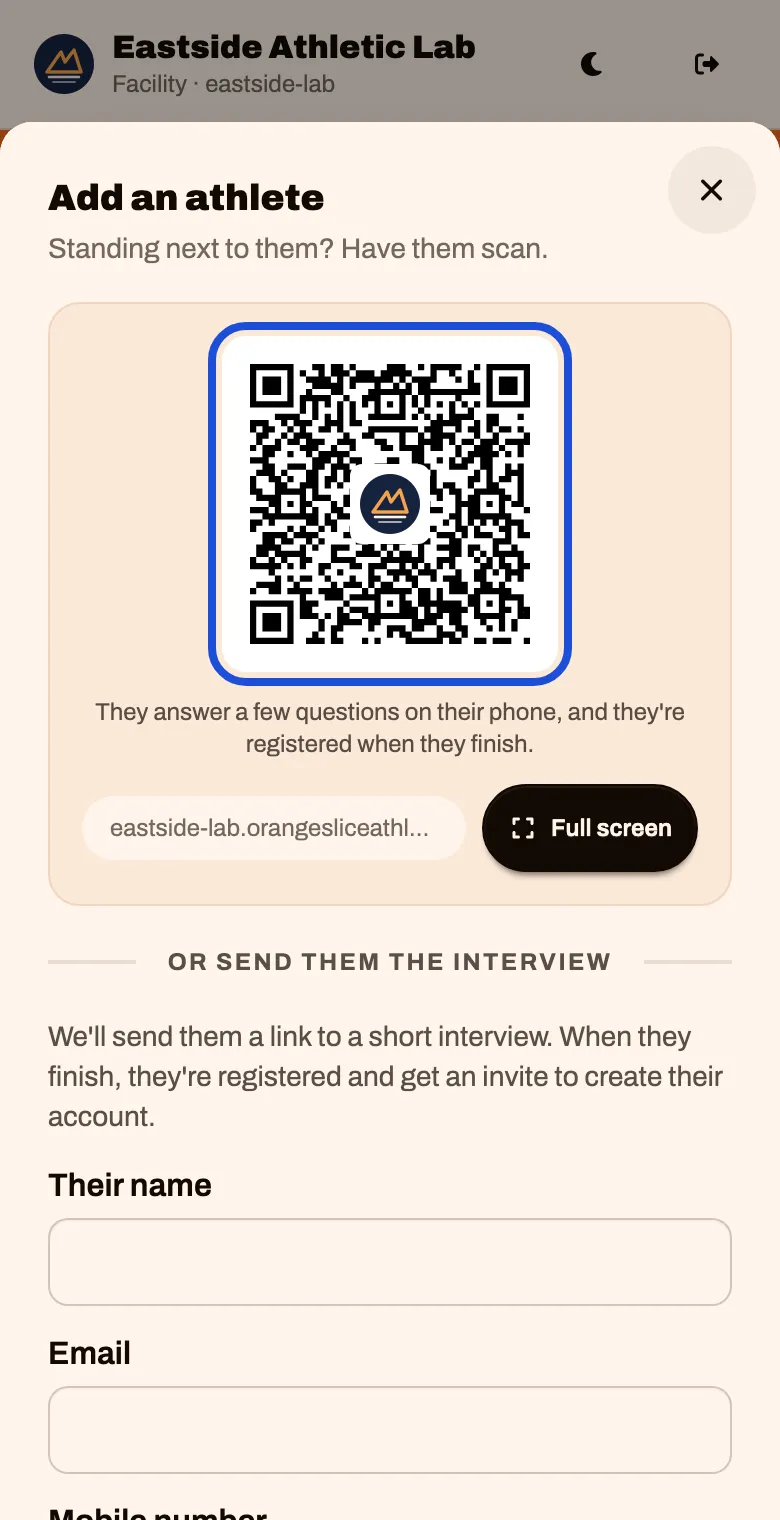 The Add an athlete sheet with a QR code and a Full screen button