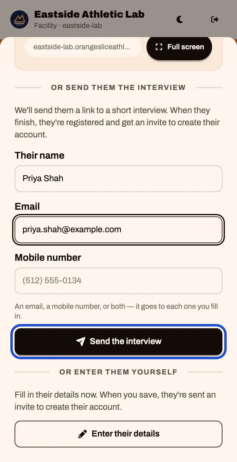 Or send them the interview, with name, email and mobile number boxes and a Send the interview button