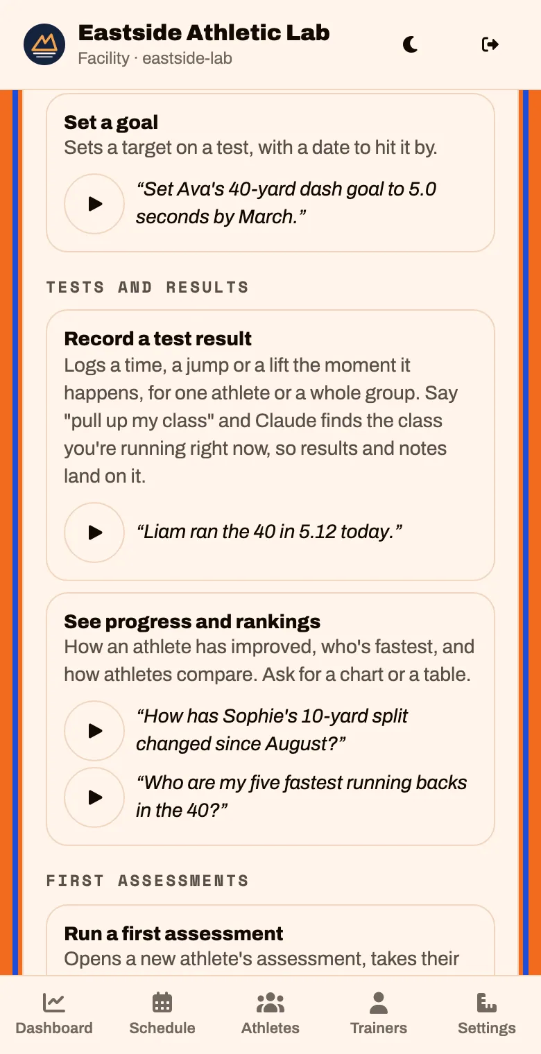 How to use it: a list of things the assistant can do, each with a sentence to say and a play button