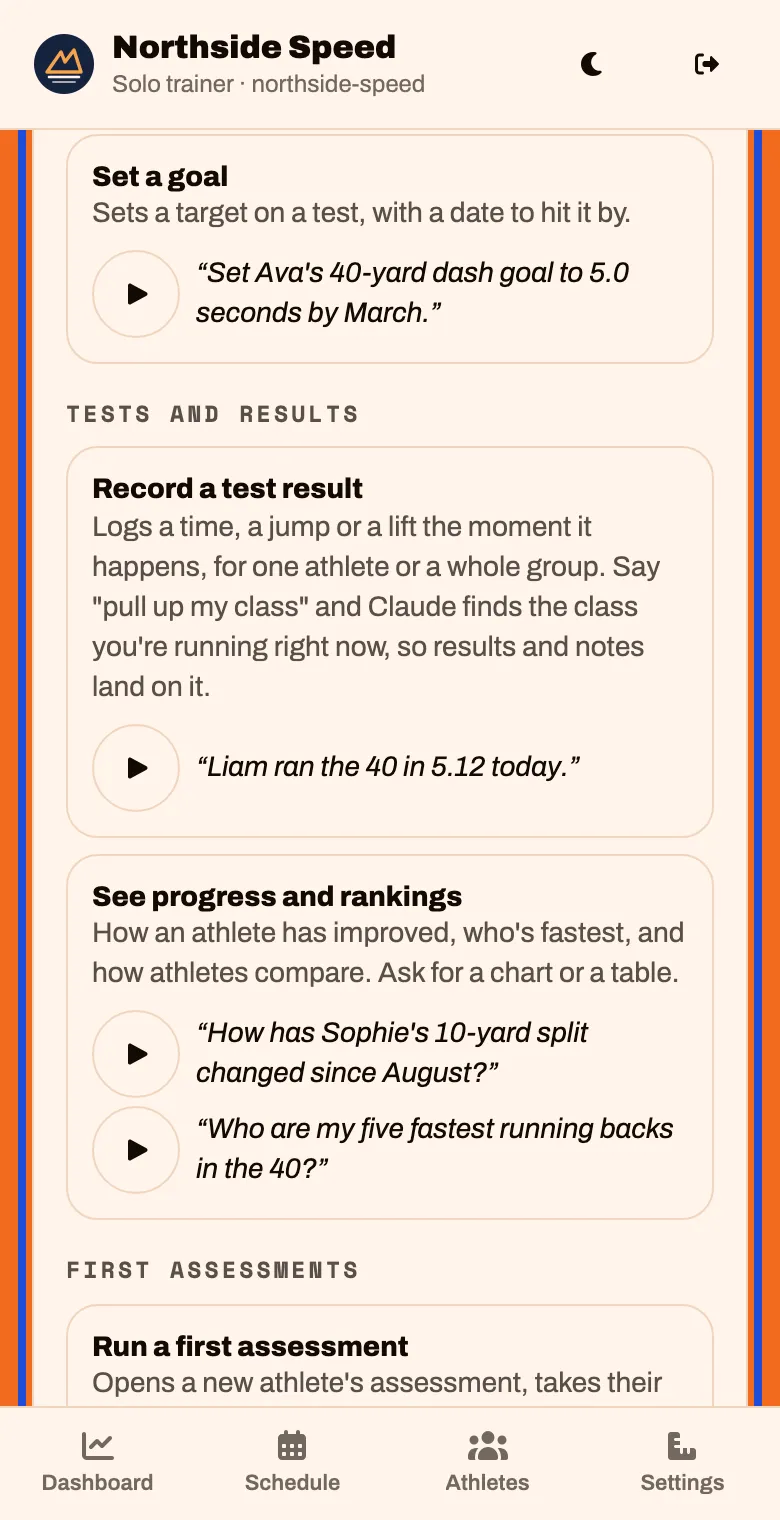 How to use it: a list of things the assistant can do, each with a sentence to say and a play button