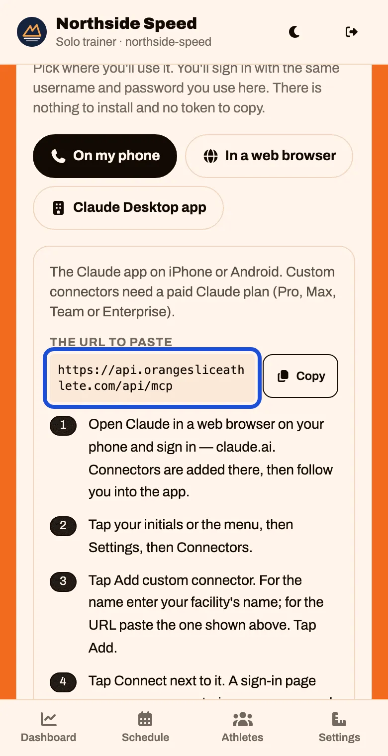 Set up Claude, step by step, with tabs for phone, web and desktop, and a URL to paste with a Copy button