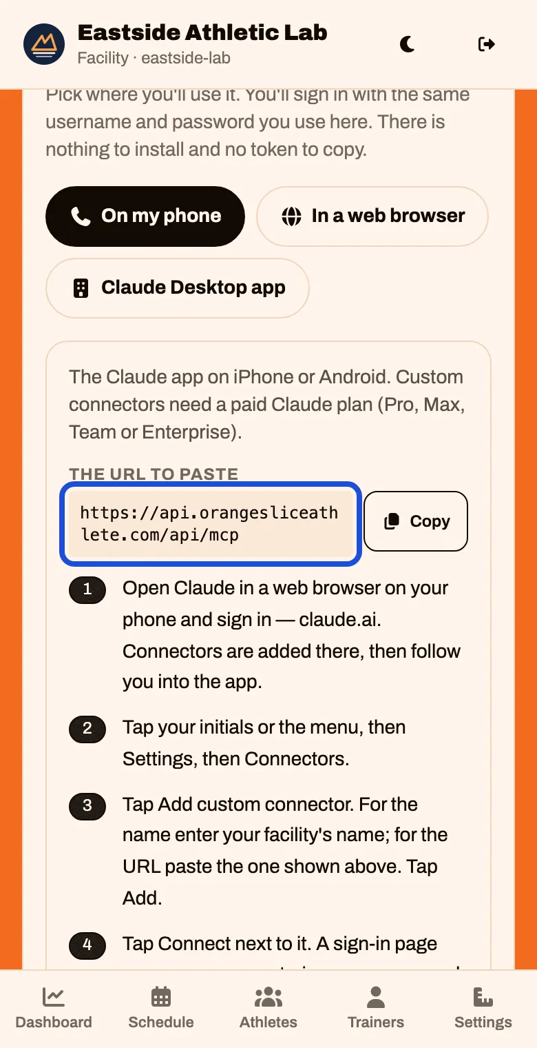Set up Claude, step by step, with a URL to paste and a Copy button