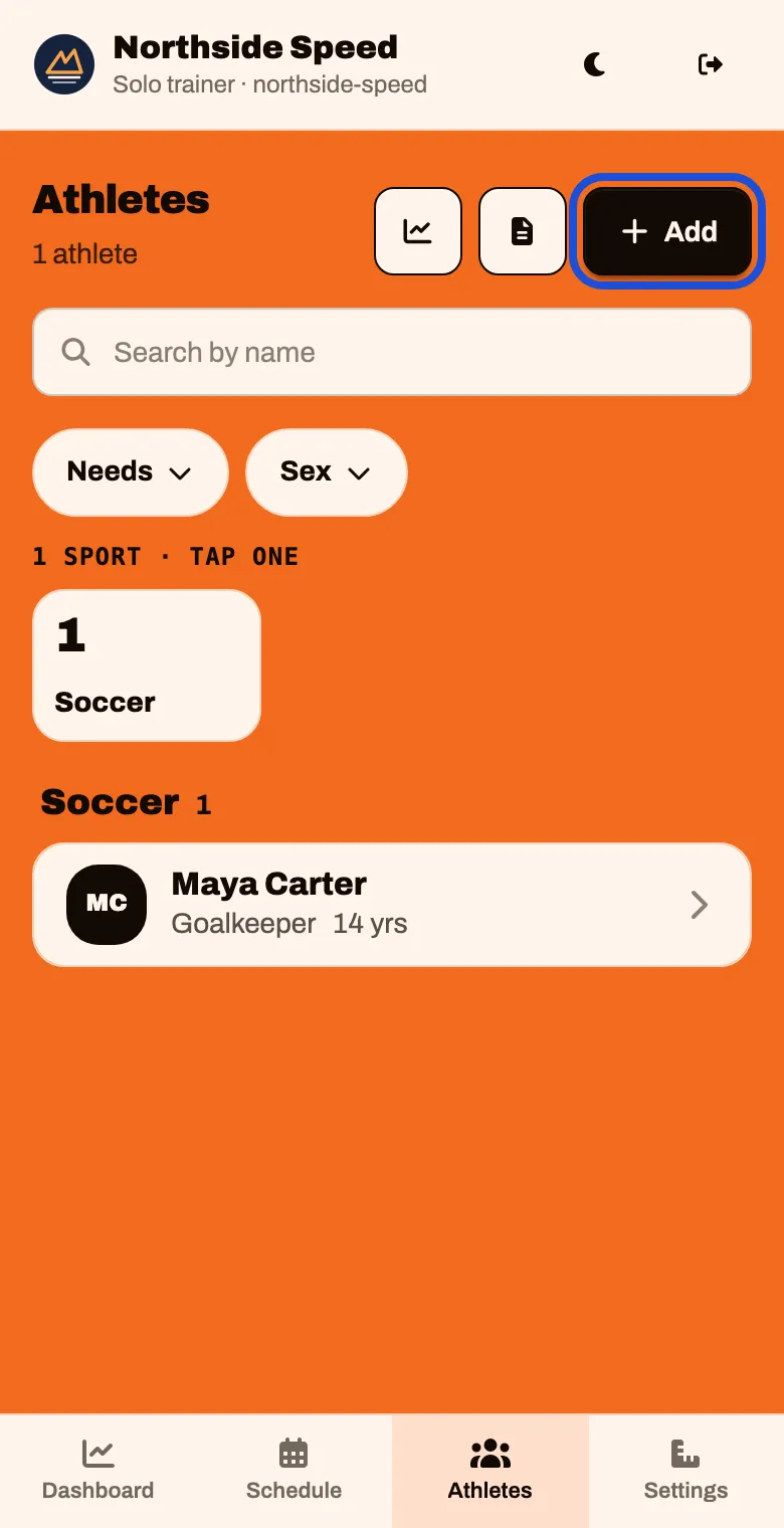 The Athletes screen with an Add button at the top