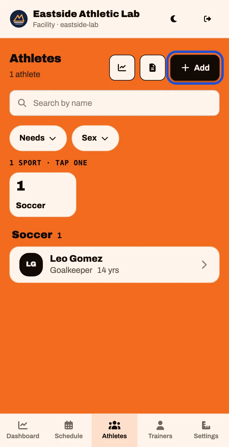 The Athletes screen with an Add button at the top