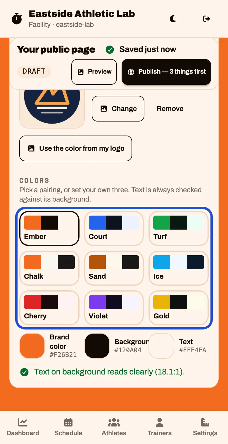 Nine color pairings, each a brand color with a background and a text color