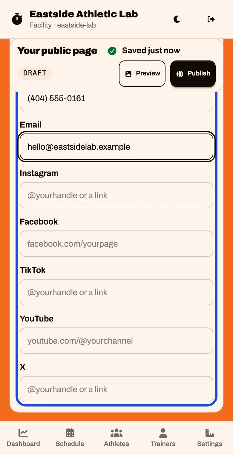 The Get in touch part with phone, email and social boxes