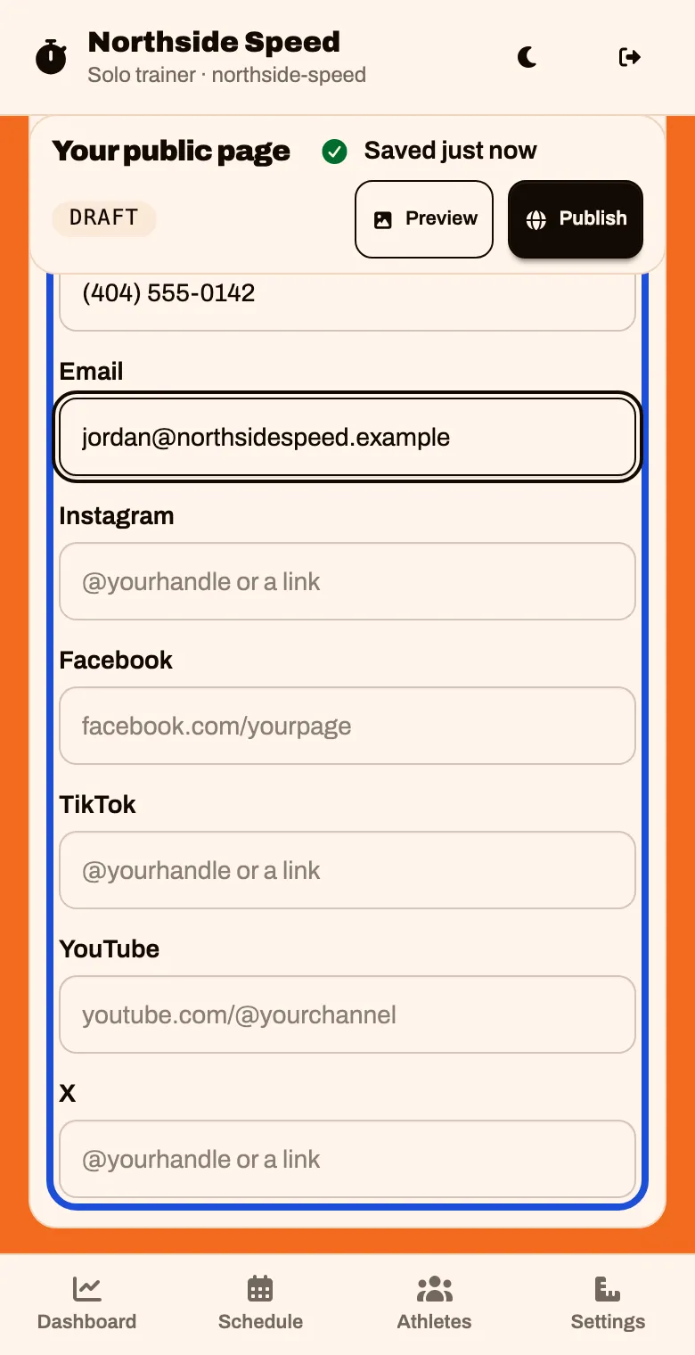 The Get in touch part with phone, email and social boxes