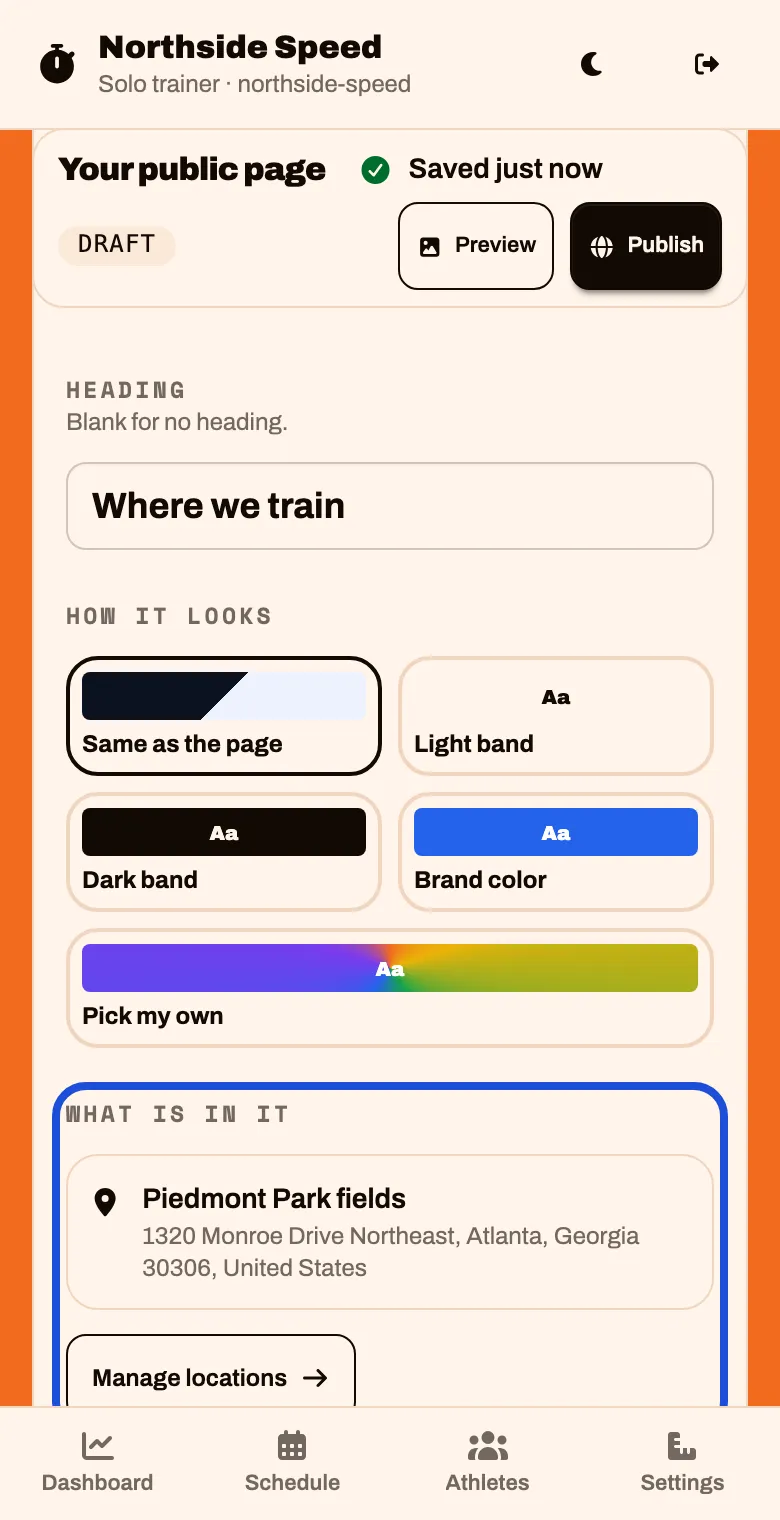 The Where we train part, listing your location with its address