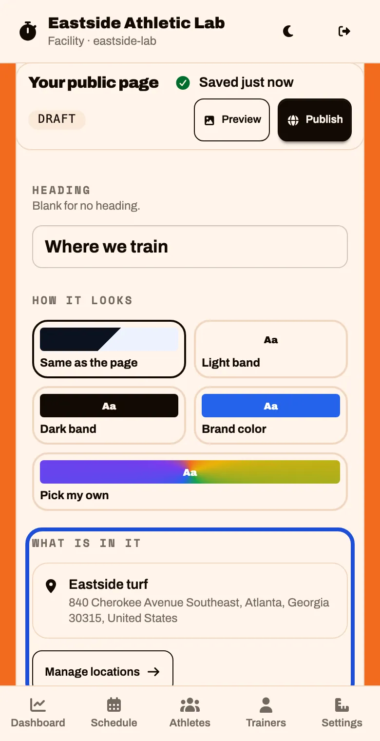 The Where we train part, listing your location with its address