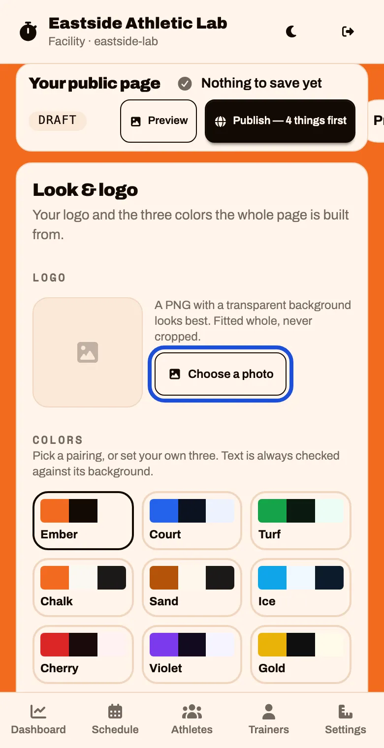 The Look and logo part, with a Choose a photo button for the logo