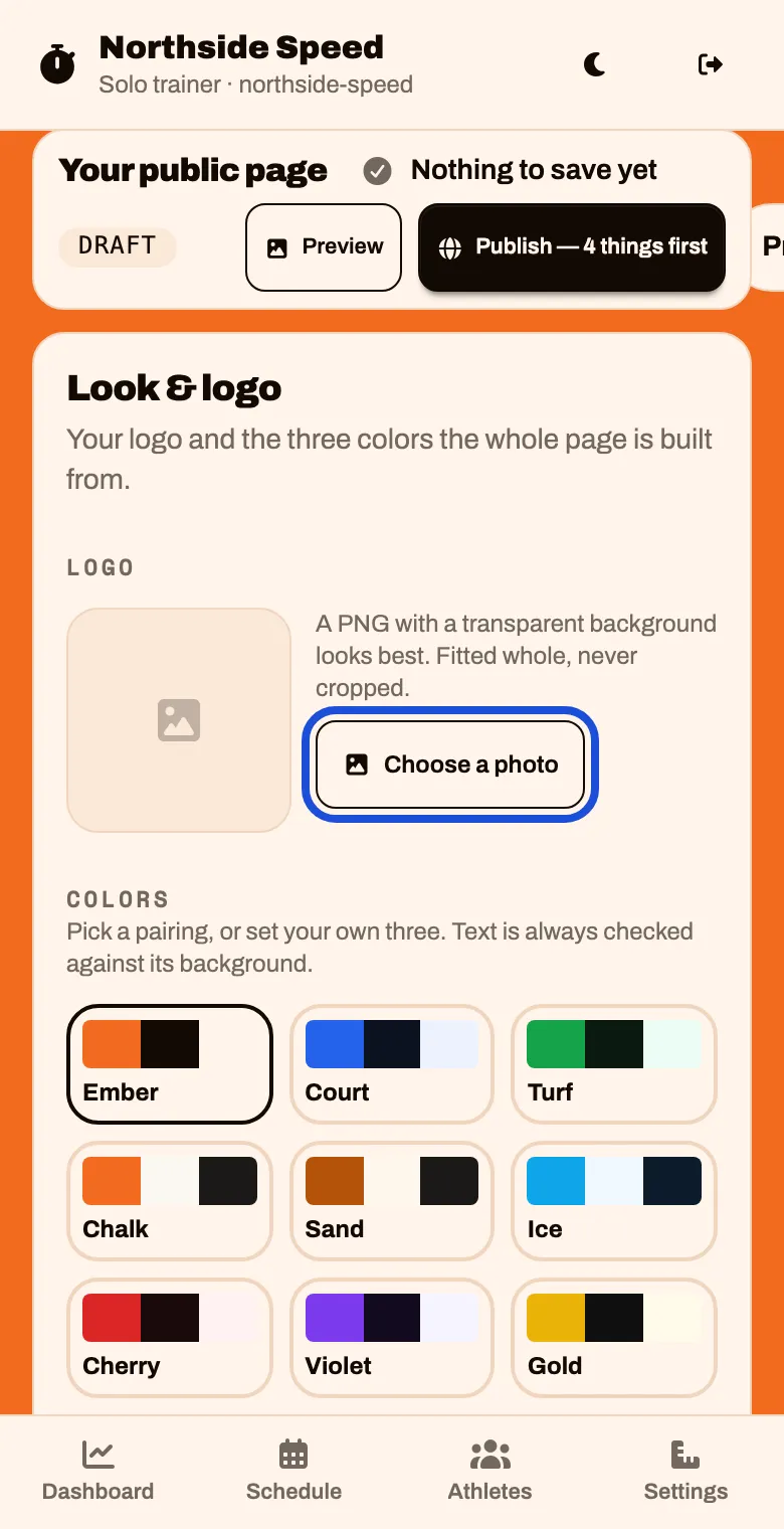 The Look and logo part, with a Choose a photo button for the logo