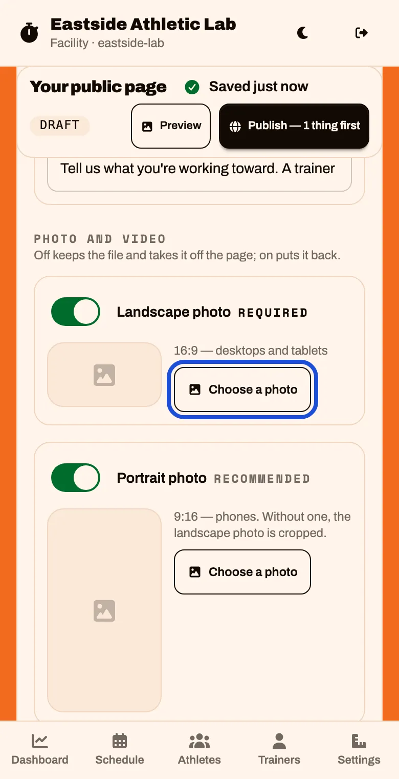 Photo and video, with a Landscape photo marked required and a Portrait photo marked recommended
