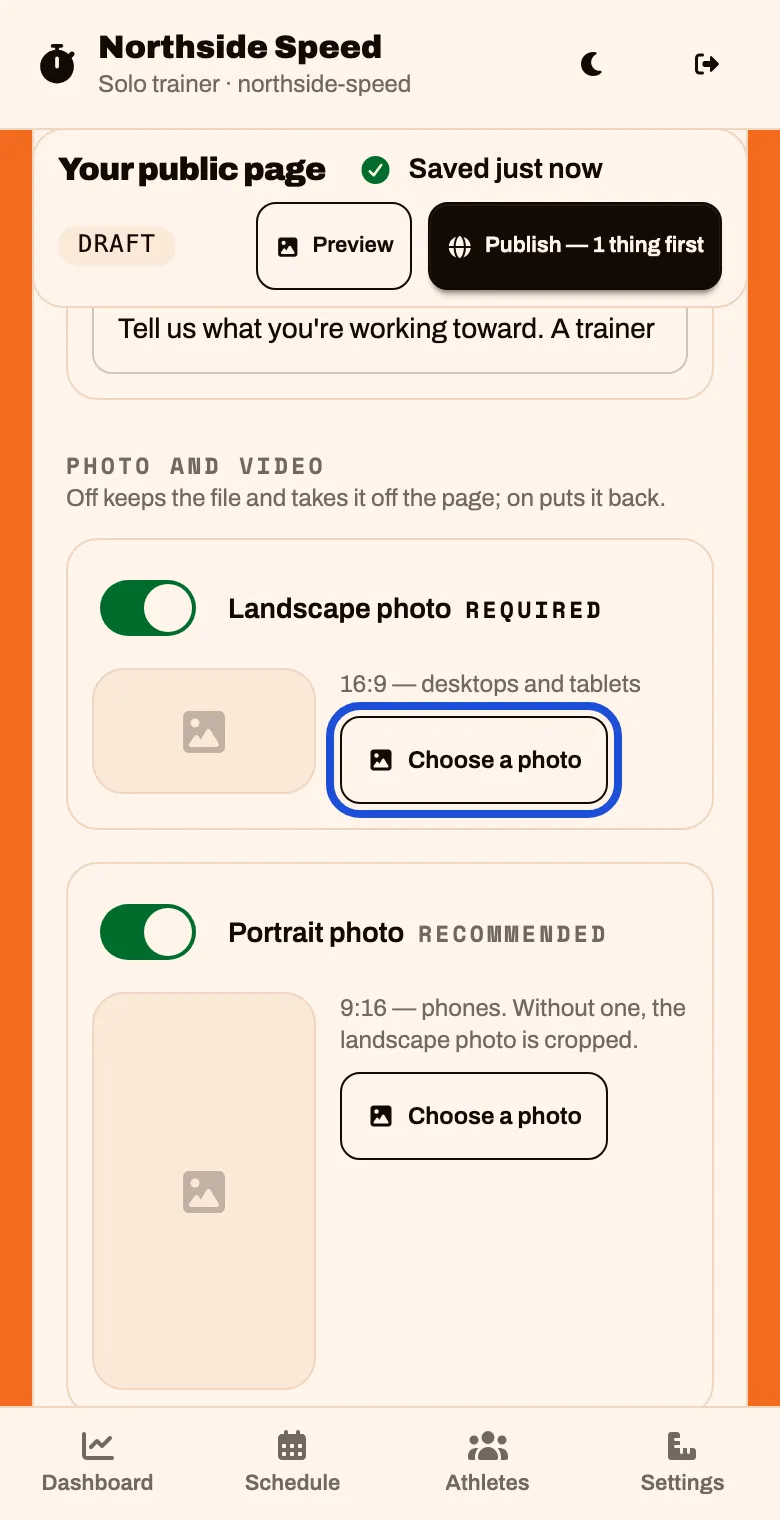 Photo and video, with a Landscape photo marked required and a Portrait photo marked recommended