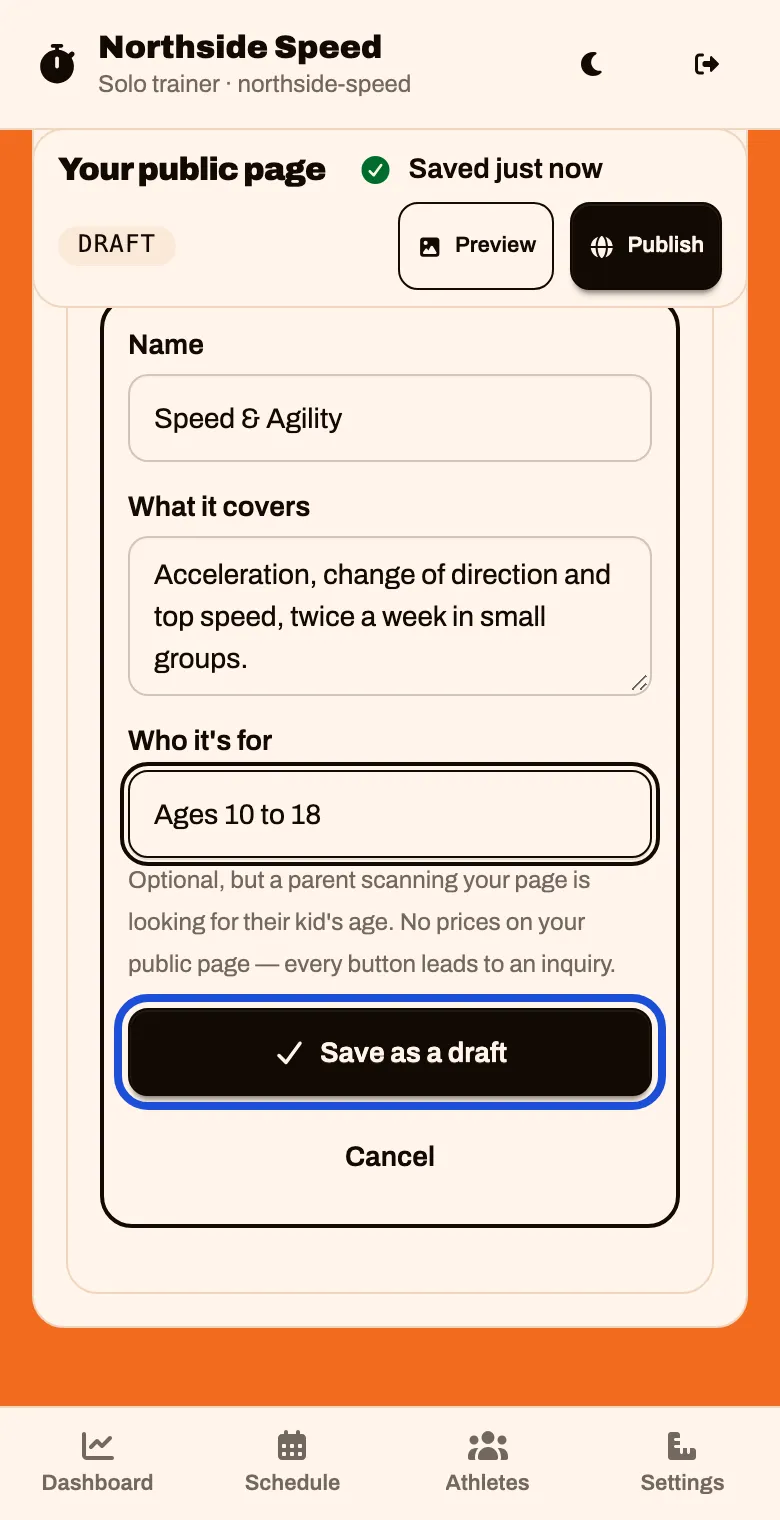 A program with a name, what it covers, who it is for, and a Save as a draft button