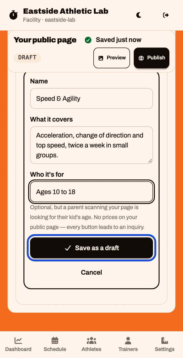 A program with a name, what it covers, who it is for, and a Save as a draft button