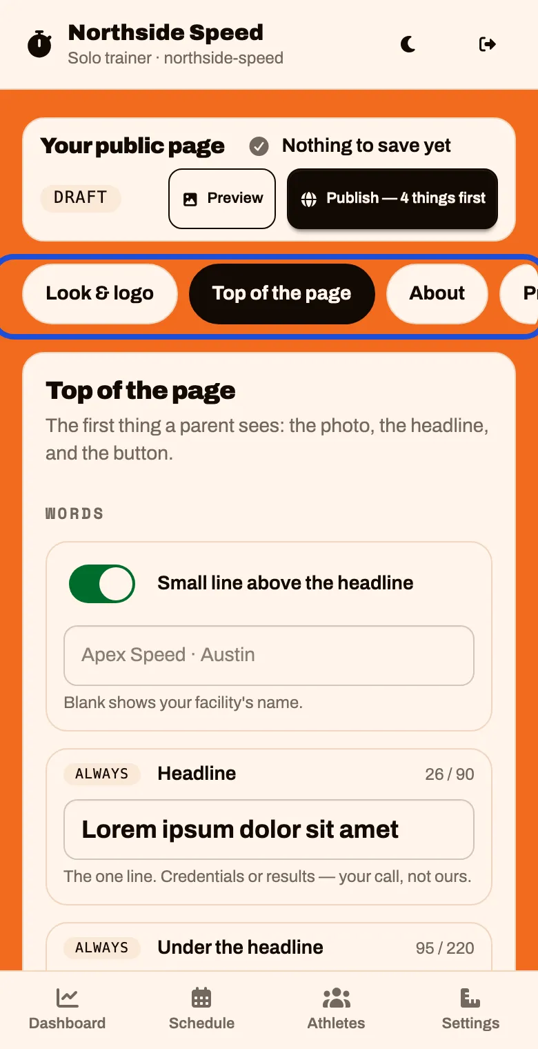 The page builder. A row across the top lists the parts of the page: Look and logo, Top of the page, About, and more