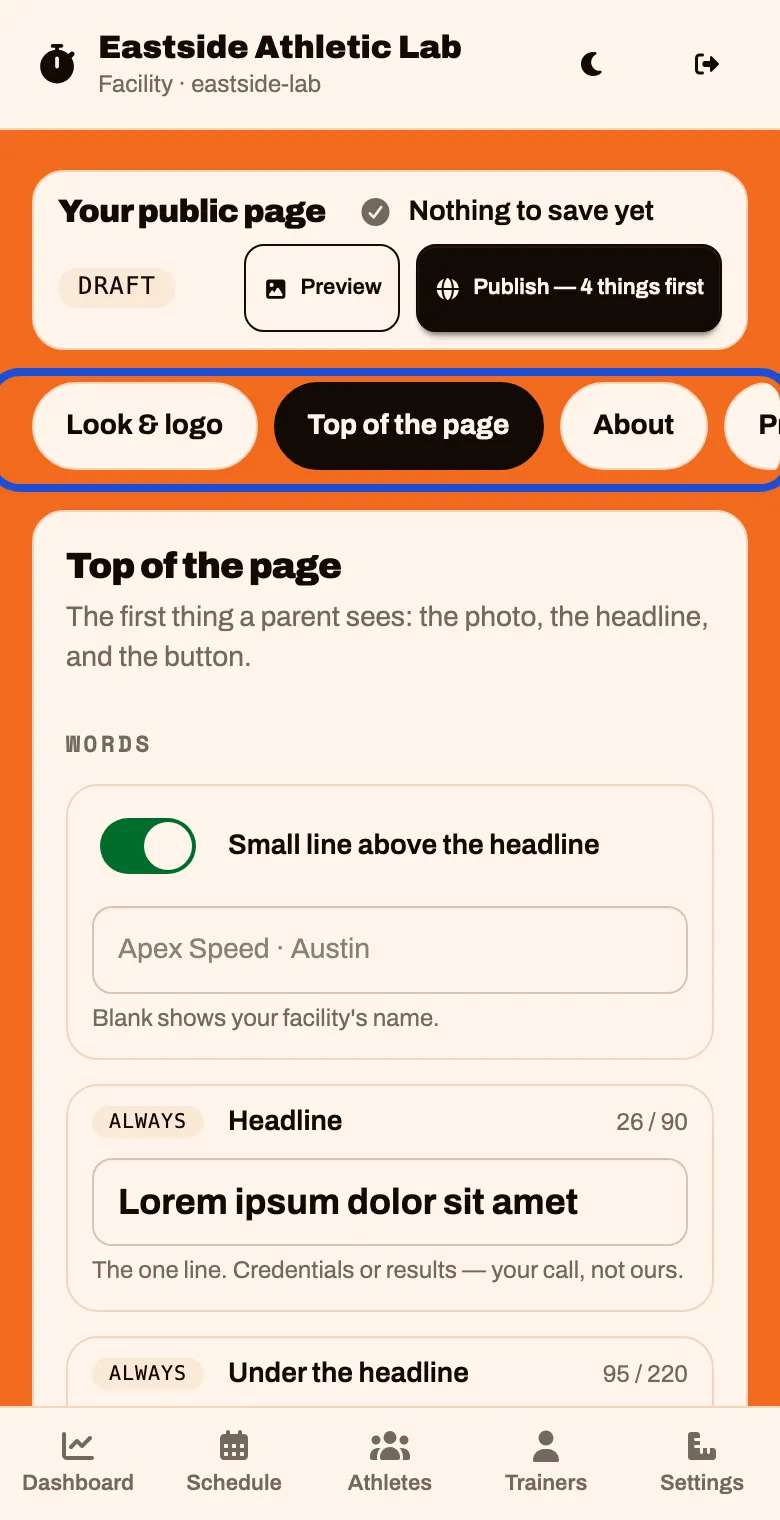 The page builder. A row across the top lists the parts of the page: Look and logo, Top of the page, About, and more