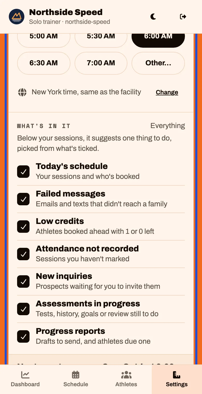 The Daily email card with an on and off switch, a time, and a list of what is in it