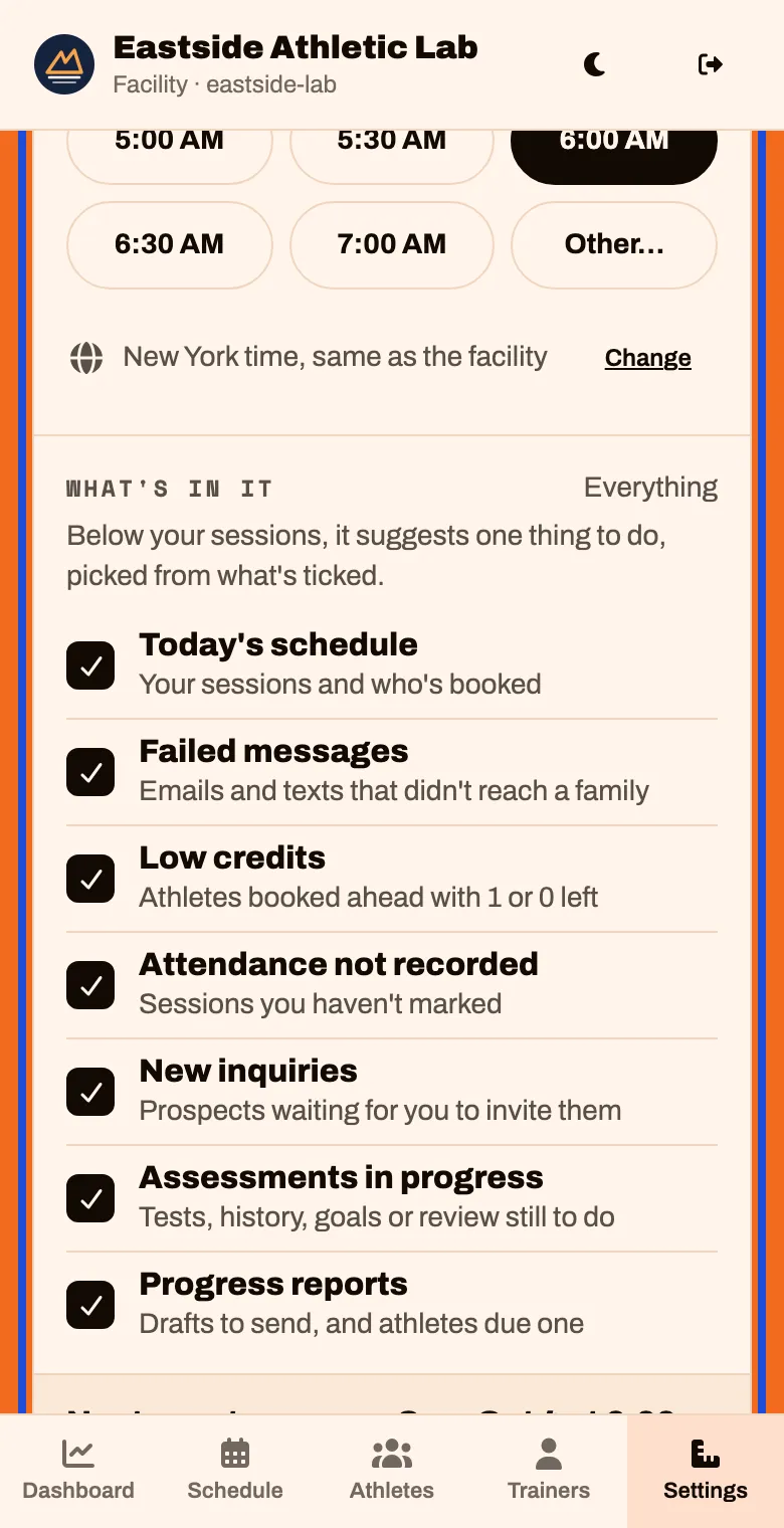 The Daily email card with an on and off switch, a time, and a list of what is in it