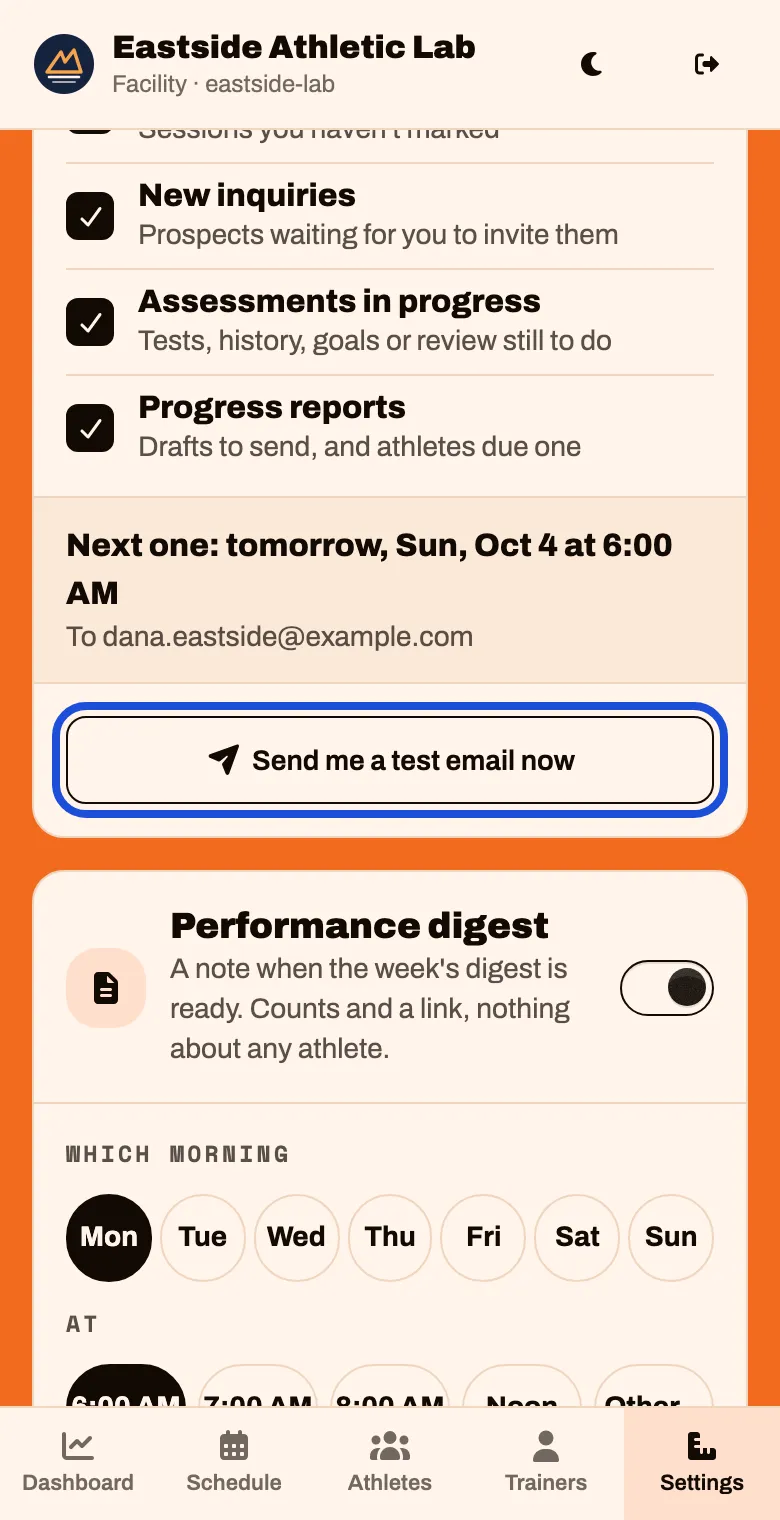 The bottom of the Daily email card with a Send me a test email now button