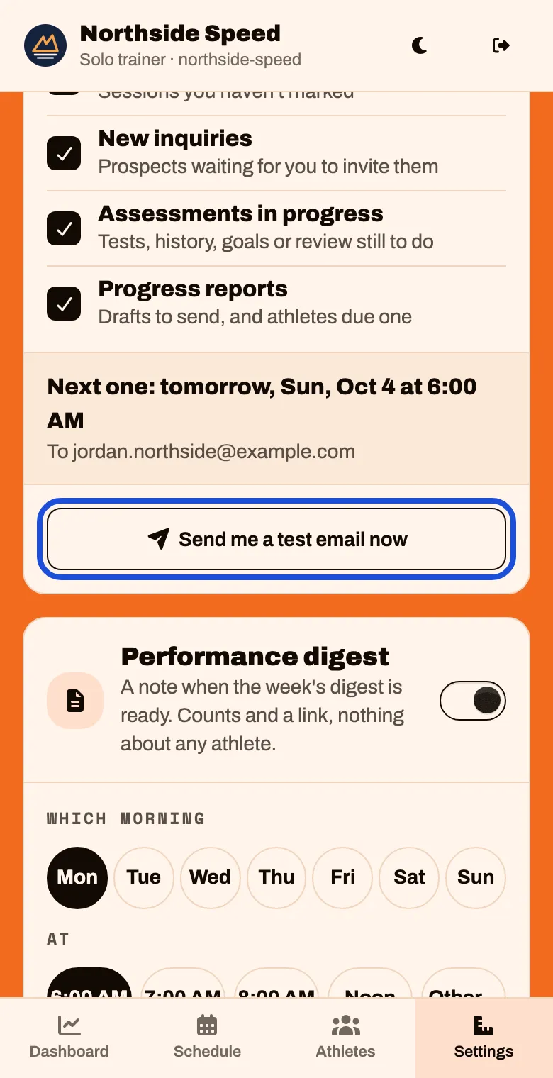The bottom of the Daily email card with a Send me a test email now button