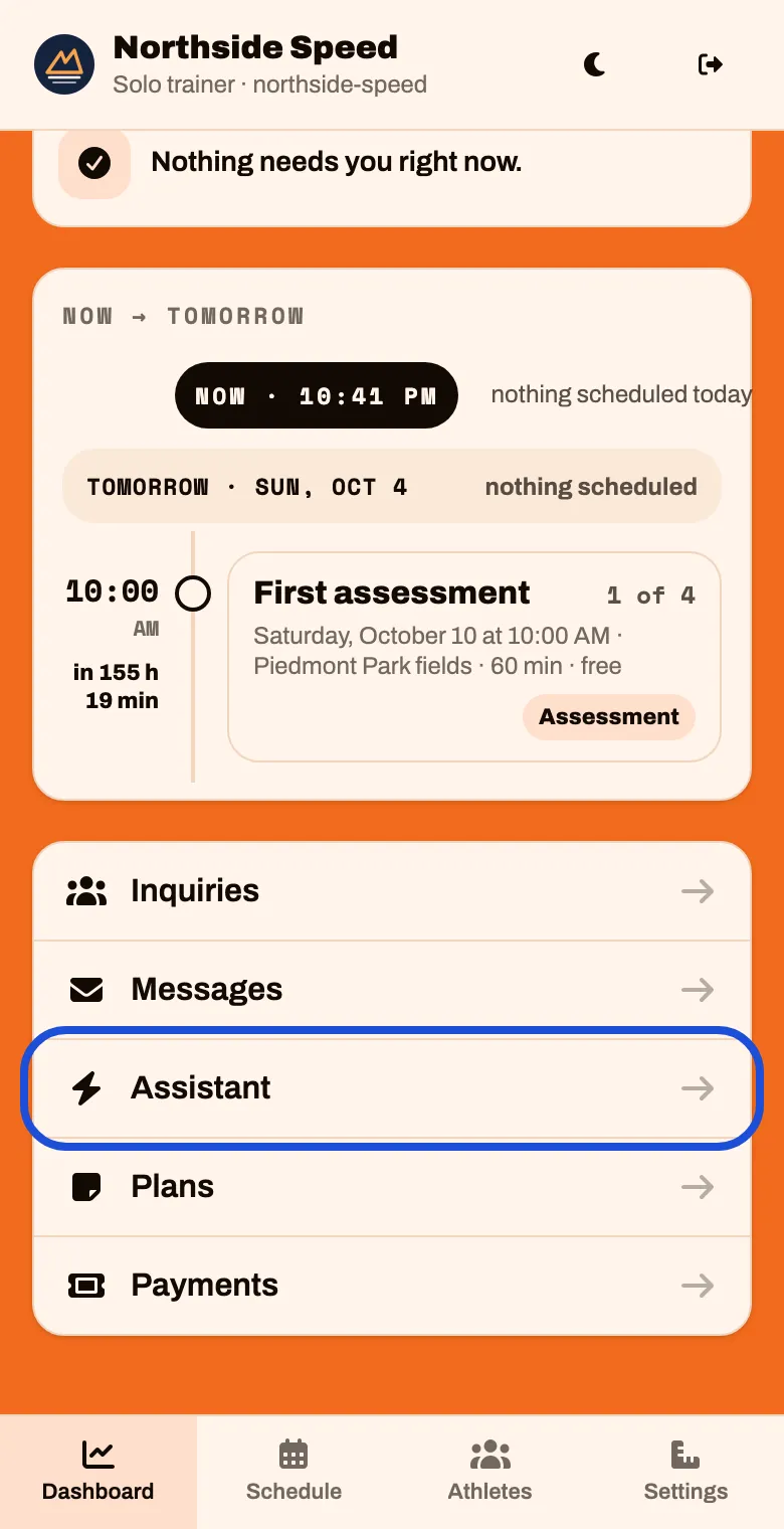 The bottom of the Dashboard, with Assistant in the list