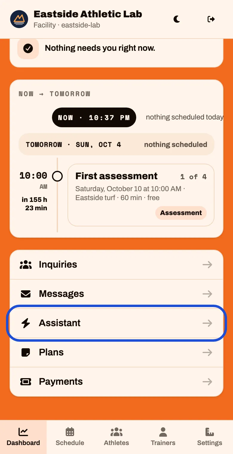 The bottom of the Dashboard, with Assistant in the list