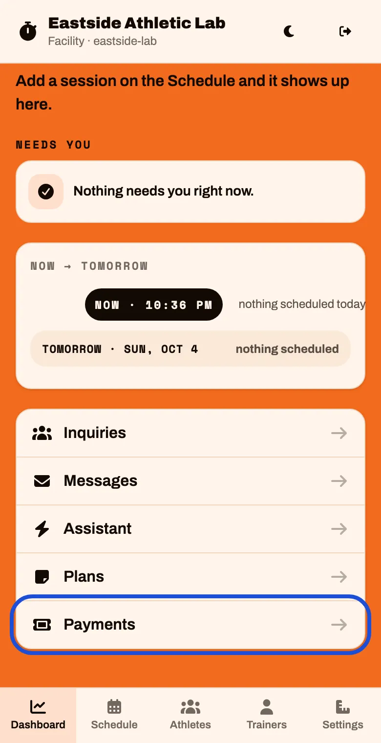 The bottom of the Dashboard, with Payments last in the list