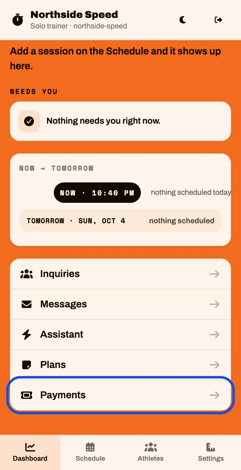 The bottom of the Dashboard, with Payments last in the list