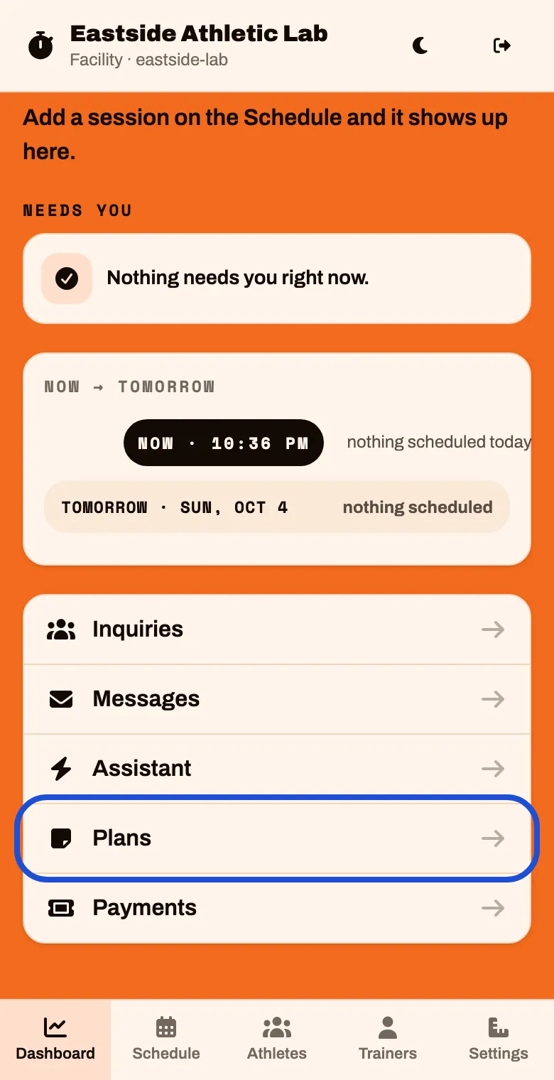 The bottom of the Dashboard, with Plans in the list