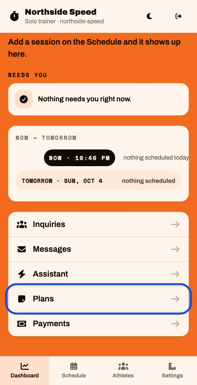 The bottom of the Dashboard, with Plans in the list