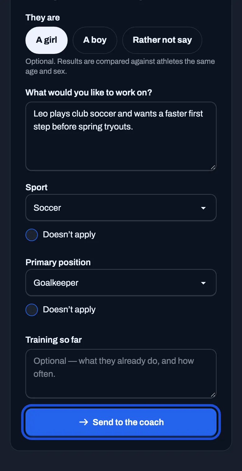 The form filled in for an athlete, with a Send to the coach button