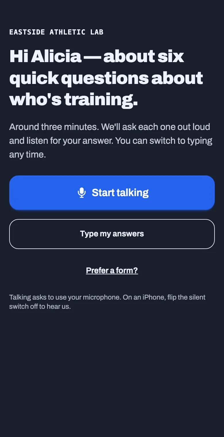 The interview start screen with Start talking, Type my answers, and Prefer a form
