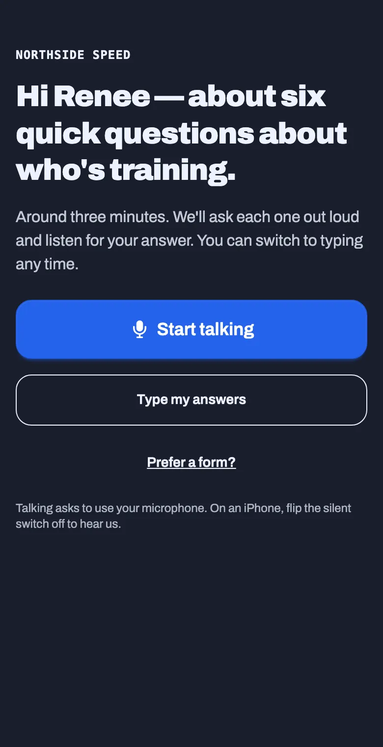 The interview start screen, with Start talking and Type my answers