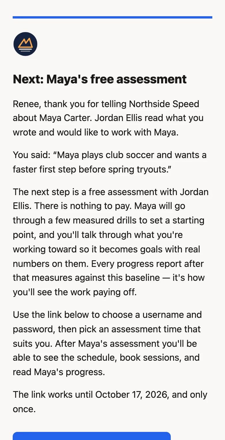 The invitation email, titled with the athlete's name and their free assessment