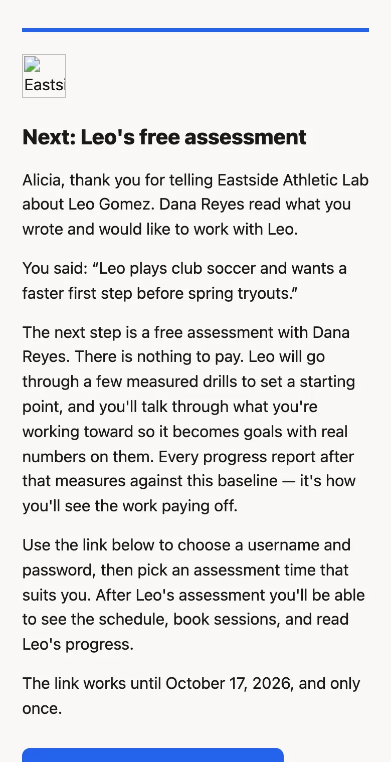 The invitation email, titled with the athlete's name and their free assessment