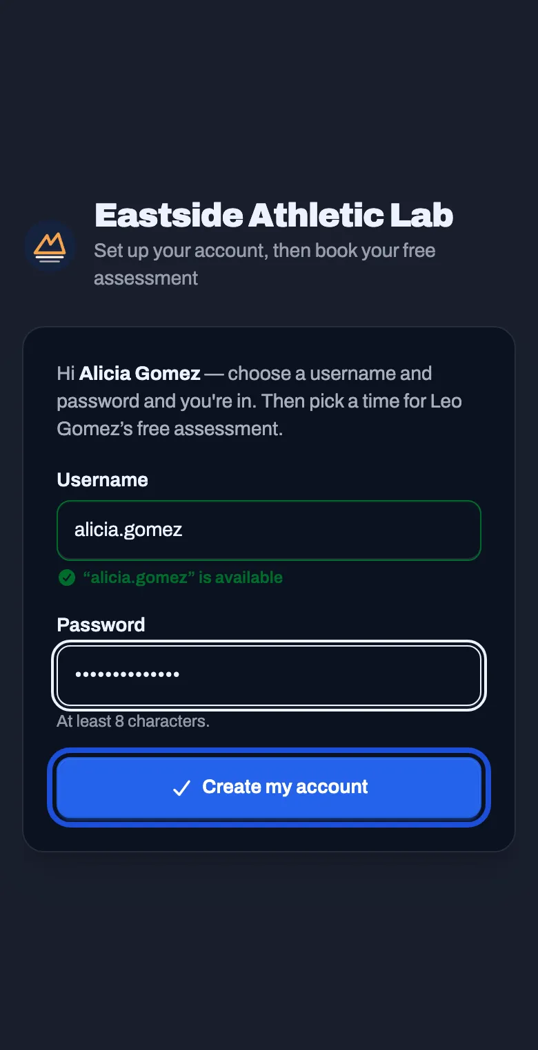 The Set up your account page with a username, a password, and a Create my account button
