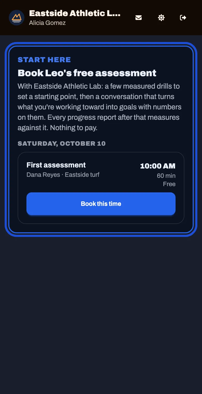 The family's first screen: book the free assessment, with one time listed
