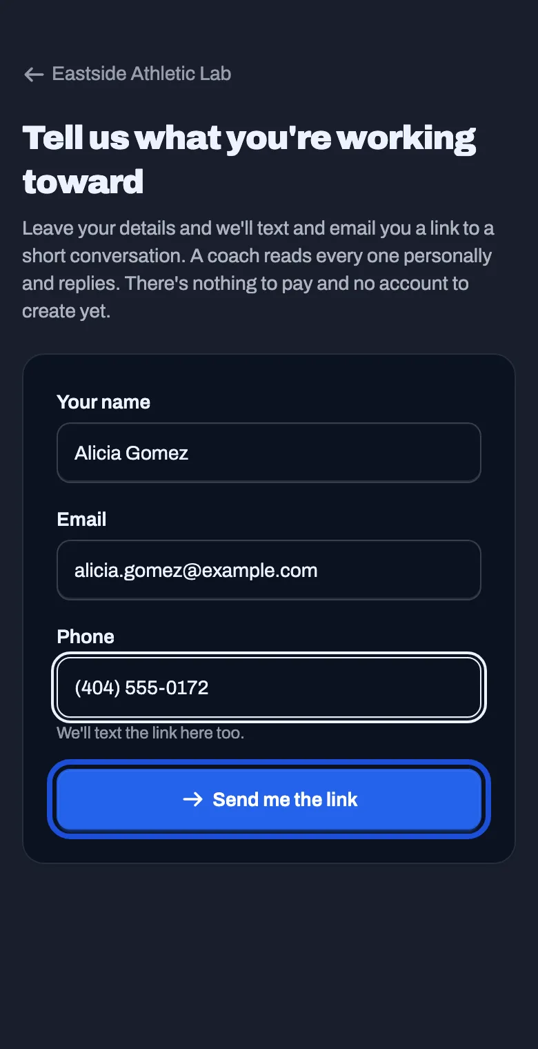 The inquiry form: Your name, Email, Phone, and a Send me the link button