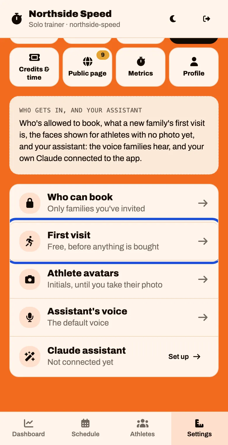Settings, Access tab, with a First visit line reading Free, before anything is bought