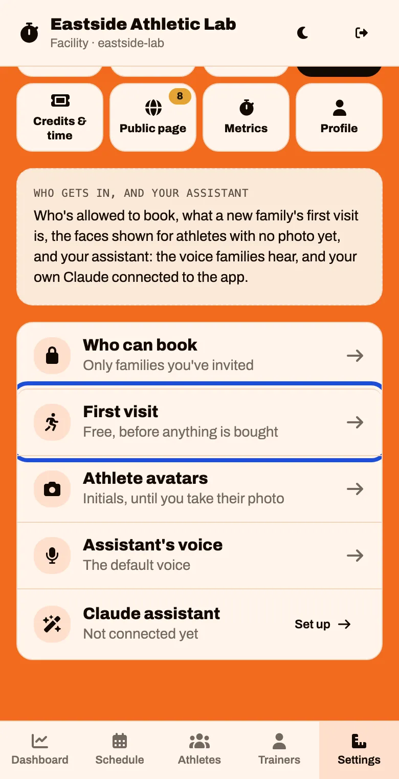 Settings, Access tab, with a First visit line reading Free, before anything is bought