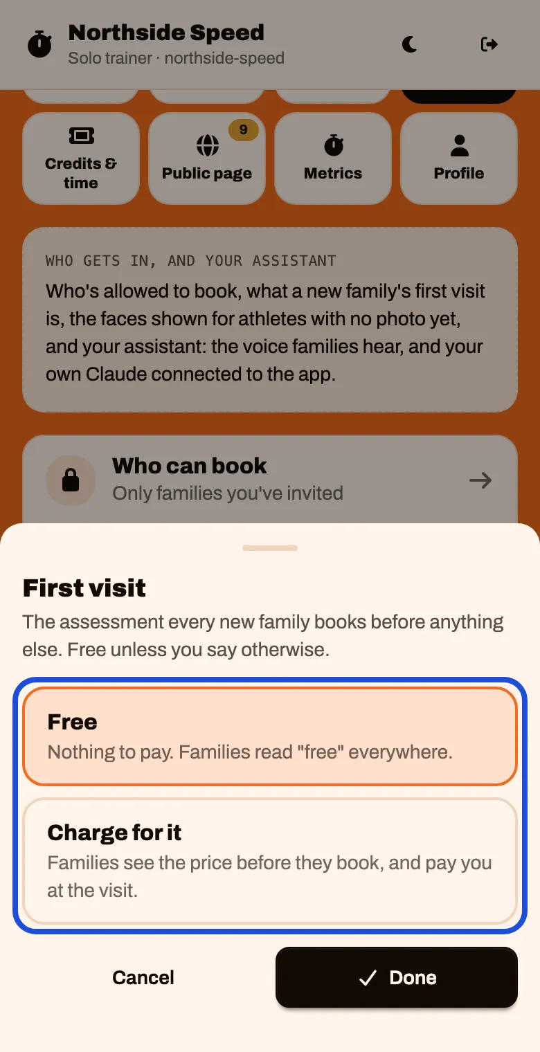 The First visit sheet with two choices: Free, and Charge for it