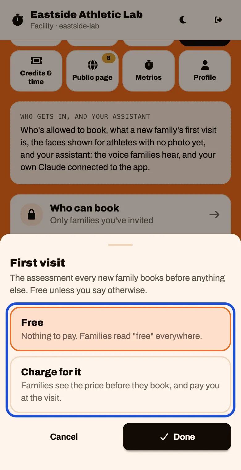 The First visit sheet with two choices: Free, and Charge for it