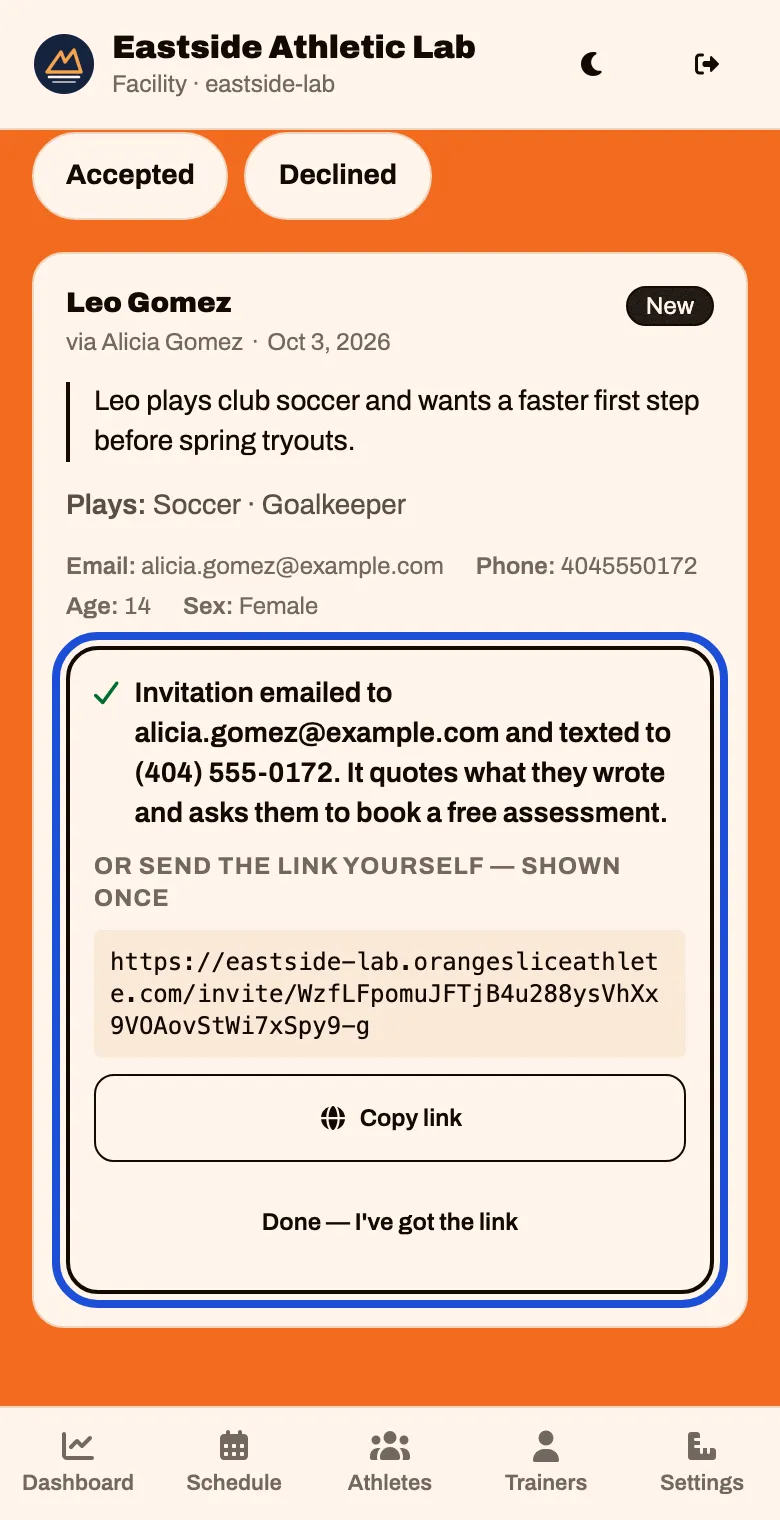 The inquiry after accepting: the invitation was emailed and texted, with a link to copy